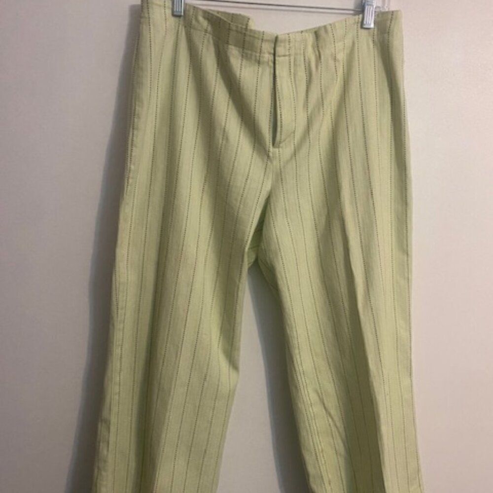 She Wear the Pants Green with Pink/Brown striping wide leg crop pants, size 14